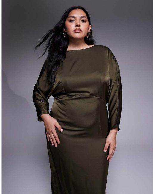 Tfnc Plus Gray Long Sleeve Satin Cowl Back Maxi Dress