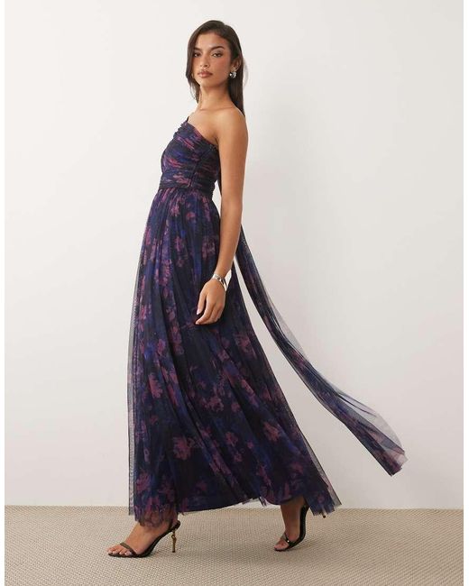 LACE & BEADS Blue Bridesmaid One Shoulder Scarf Neck Maxi Dress