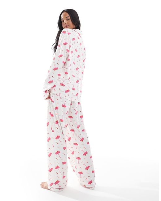 Loungeable Pink Super Soft Jersey Pyjama Revere Top And Wide Leg Pants Set With Piping Detail