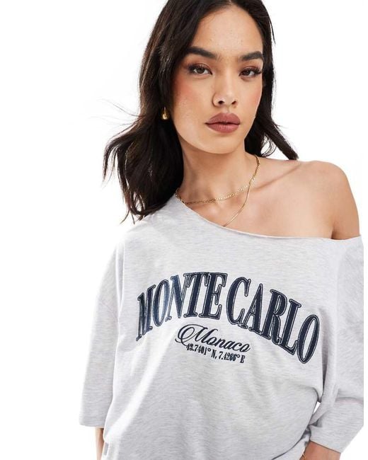 ASOS White Relaxed Off Shoulder T-shirt With Monte Carlo Graphic