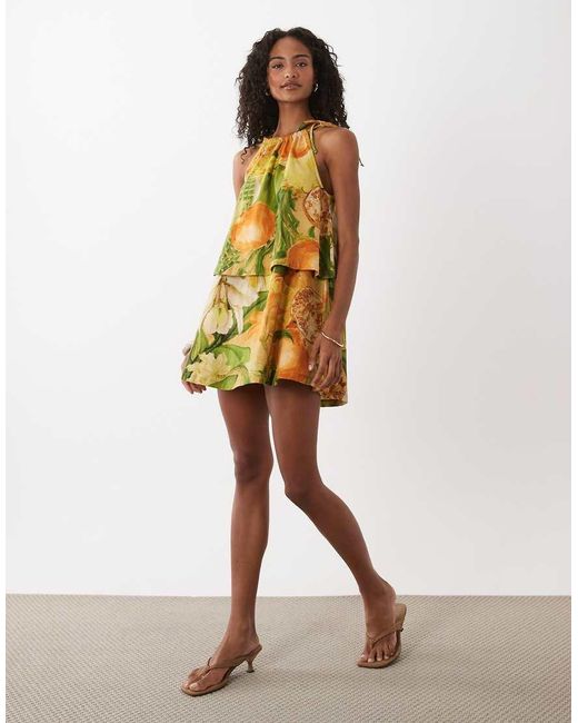 ASOS Yellow Tie Neck Baby Doll Printed Mini Dress