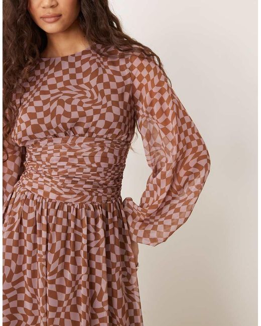 ASOS Pink Chiffon Crew Neck Maxi Dress With Ruched Waist And Volume Sleeve