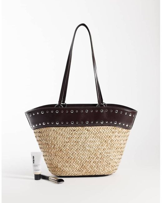 Mango Natural Woven Shoulder Bag With Faux Leather Studded Trim