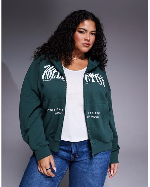 ASOS Blue Weekend Collective Curve Zip Through Hoodie With Mixed Font Graphic
