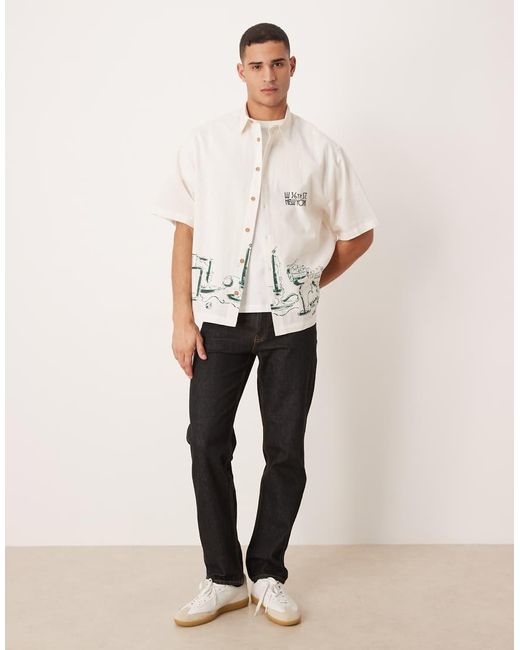 ASOS Natural Oversized Shirt With Linen With Placement Print for men