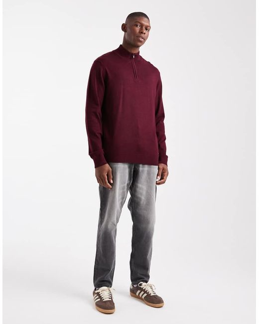 Threadbare Red 1/4 Zip Knitted Jumper for men