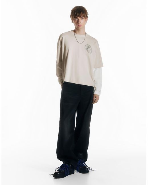 Pull&Bear White Double Sleeve Graphic T-shirt for men