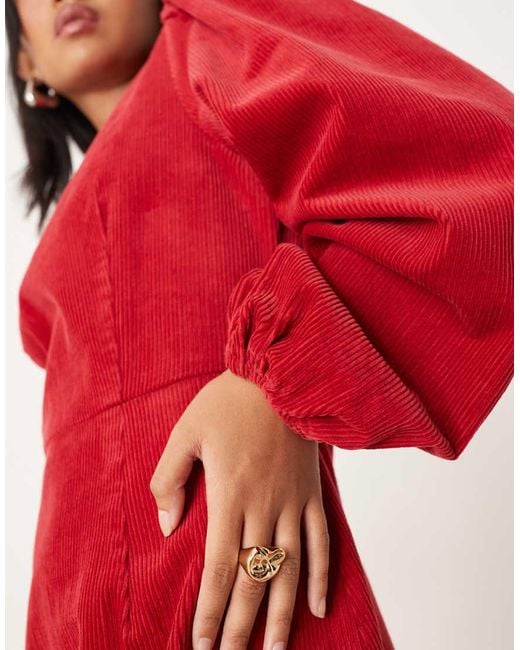 Nobody's Child Petite Red peggy Balloon Sleeve Cord Mini Dress