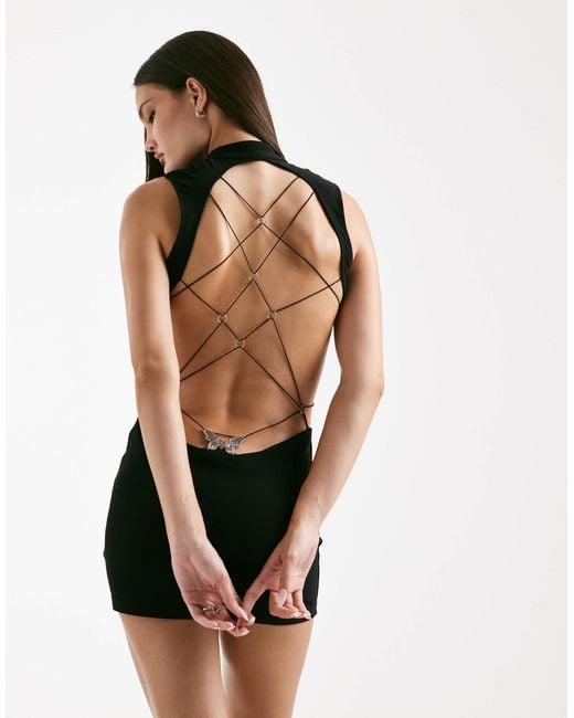 I.AM.GIA Larisa Slinky Keyhole Detail Open Cross Back Butterfly Pattern  Hardware Mini Dress in Black | Lyst