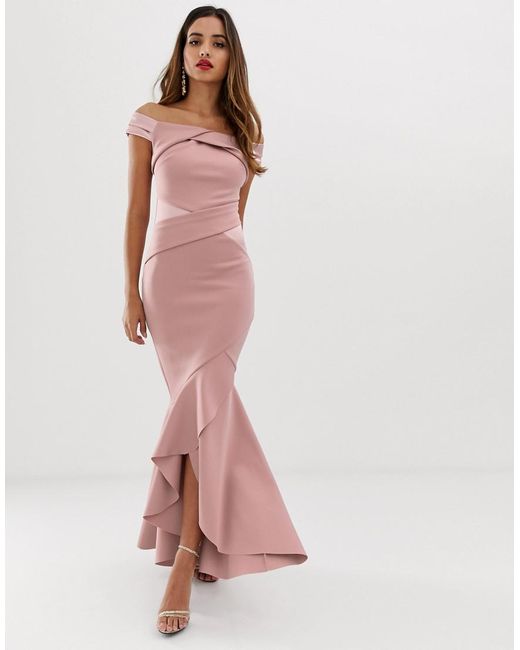 Lipsy Brown Bardot Maxi Dress With Ruffle Wrap Front