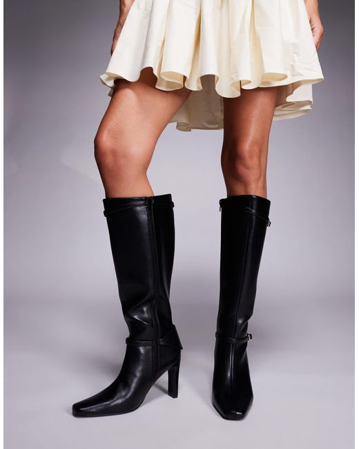 Public Desire Black Poppy Heeled Knee Boots With Buckle Detail