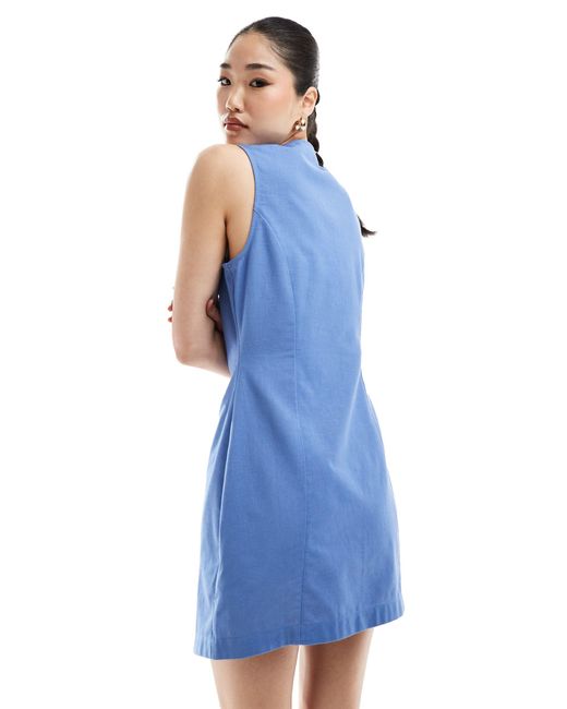 ASOS Blue Mini Button Through Linen Waistcoat Dress