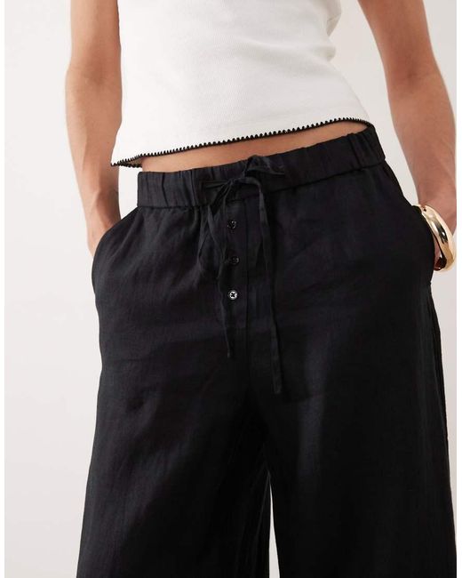 Mango Black 100% Linen Button Detail Straight Leg Pants