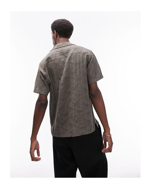 Topman Brown Short Sleeve Regular Fit Deep V Textured Leaf Shirt for men