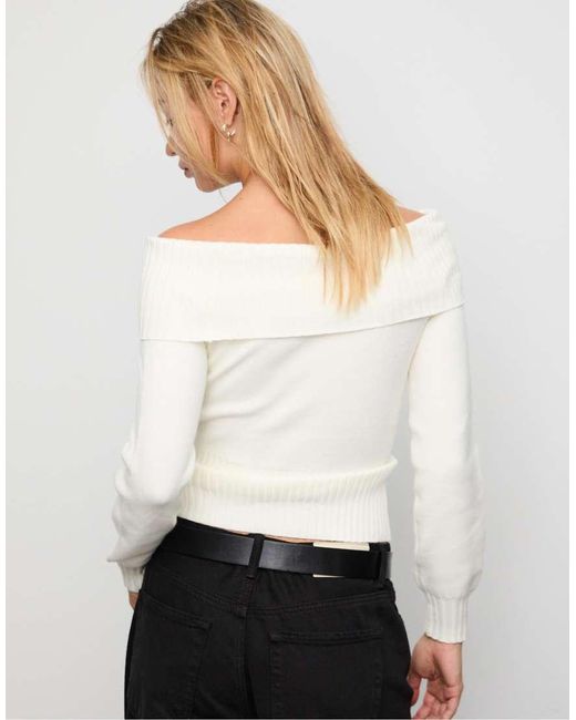 Stradivarius White Exposed Shoulder Knit Sweater