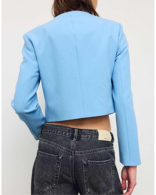 Stradivarius Blue Cropped Round Neck Blazer