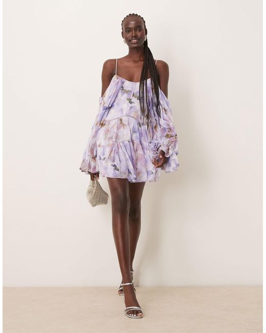ASOS Multicolor Draped Off Shoulder Tiered Mini Dress With Lace Inserts
