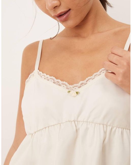 The Frolic Natural Exclusive Cropped Satin Cami Lace Trim Pyjama Top Co-ord