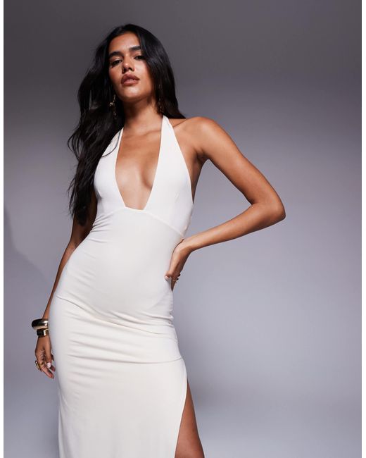 Oh Polly Gray Mei Plunge Thigh Split Midaxi Dress