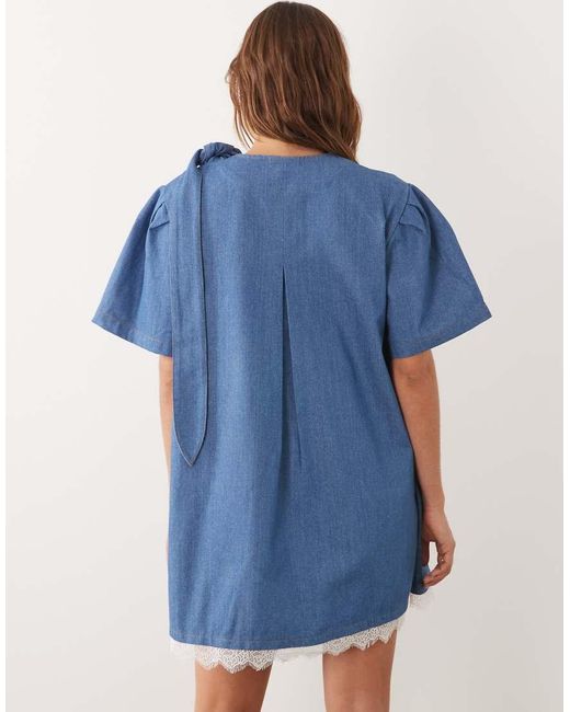 Ghospell Blue Denim Puff Sleeve Lace Trim Wrap Detail Mini Dress