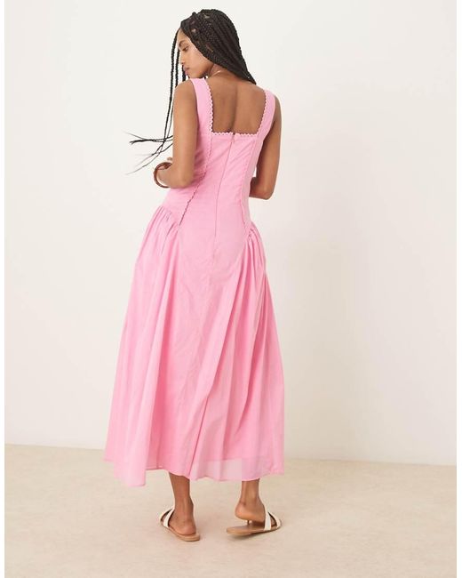 Vestito Con Gonna Al Polpaccio Rustico Con Vita Scesa E Scollo Squadrato di ASOS in Pink