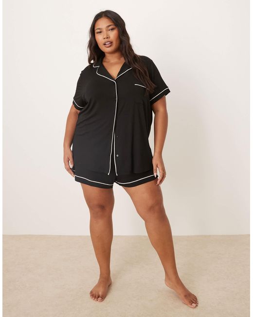 ASOS Black Asos design curve – super weicher pyjama mit kurzärmligem hemd und shorts