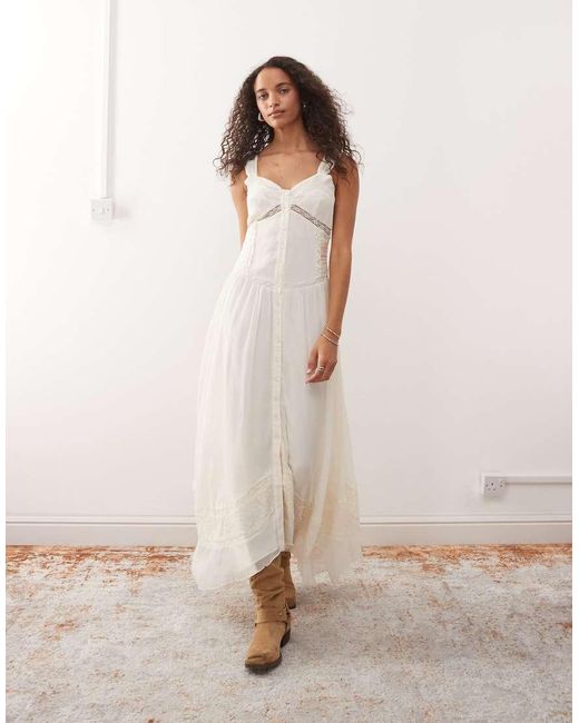 Reclaimed Vintage Natural Midi Cami Dress With Lace Inserts And Button Down Front