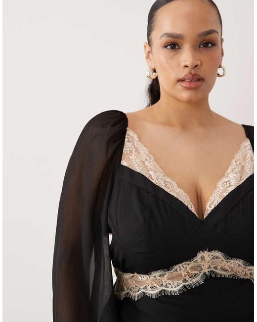 ASOS Black Asos Design Curve Lace Applique Chiffon Mix Draped Sleeve Midi Dress
