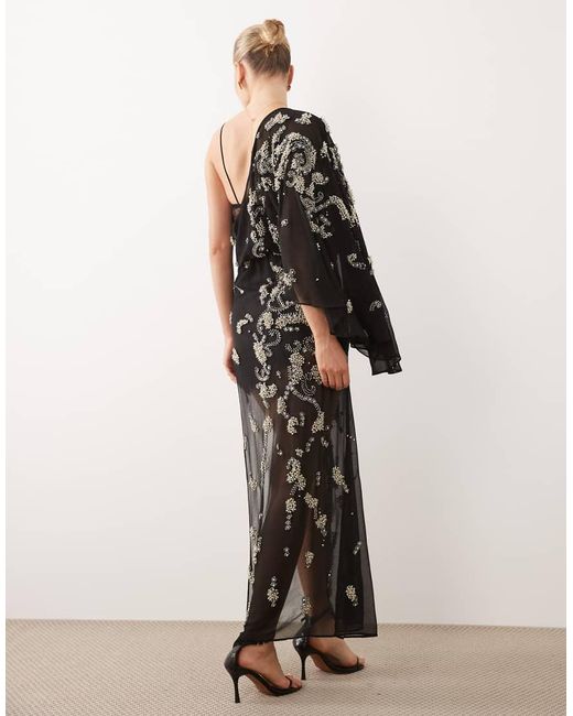 ASOS Black Draped Batwing Sleeve Embellished Maxi Dress With Lace