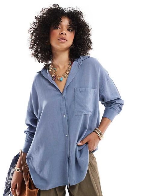 Pull&Bear Oversized Overhemd Van Linnenmix in het Blue