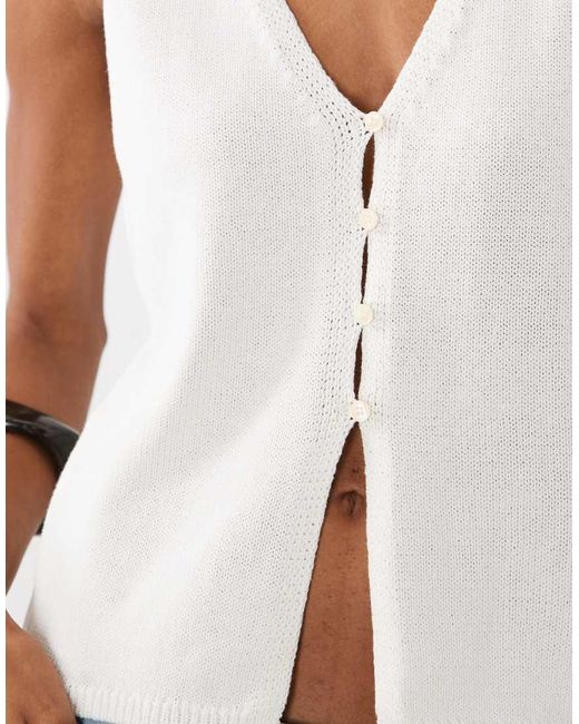 GOOD AMERICAN White Fine Knit V-neck Button Placket Top