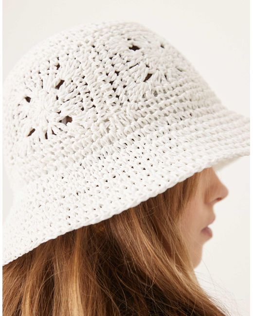 ASOS Black Straw Packable Floral Crochet Bucket Hat