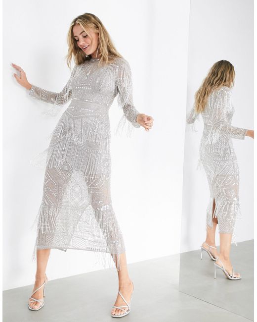 ASOS Gray Crystal Fringe Midi Dress