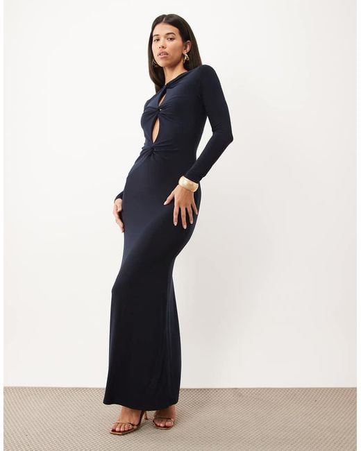 ASOS Blue Slinky Twist Plunge Maxi Dress With Long Sleeves