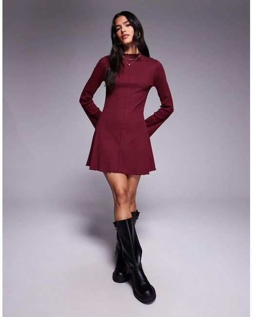 ASOS Red Ribbed Long Sleeve Lettuce Hem Mini Dress