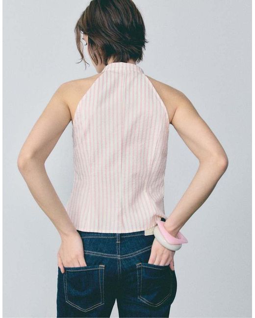 Stradivarius White Semi-wrinkled Knot Qipao Halter Top