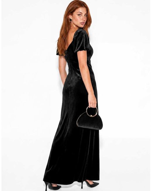 Maya Black Short Sleeve Scoop Neck Ruffle Velvet Maxi Dress