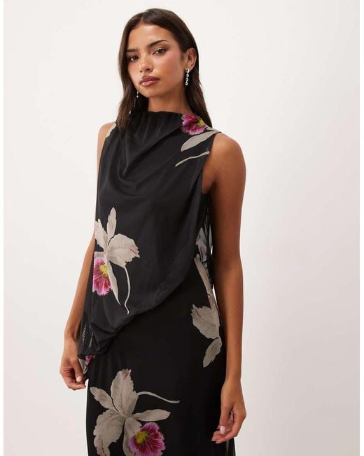 ASOS White Asymmetric Printed Mesh Blouson Maxi Dress With Grown On Neck