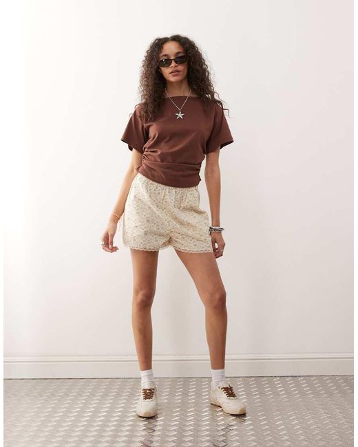 Reclaimed Vintage Brown Slash Neck Cinched Waist T-shirt With Ruching Detail