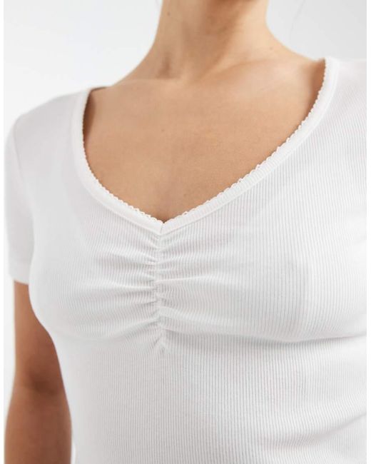 ONLY White V-neck Ruched Detail Ribbed Crop T-shirt