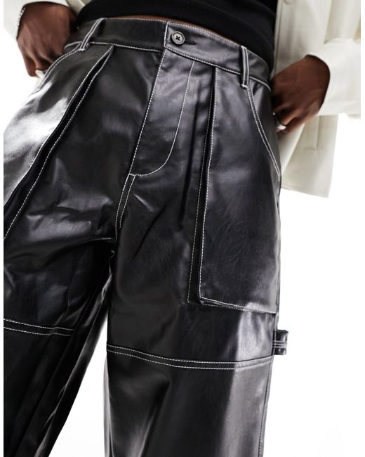 ASOS Black baggy Leather Look Cargo Trouser With Contrast Stitch for men