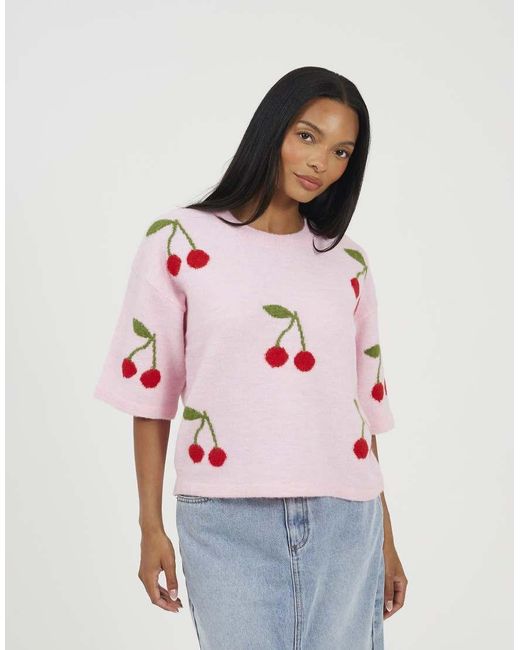 Brave Soul Pink Short Sleeve Cherry Jacquard Knit Jumper