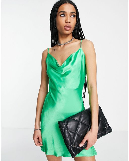 Bershka Cowl Neck Satin Mini Dress in Green | Lyst Canada