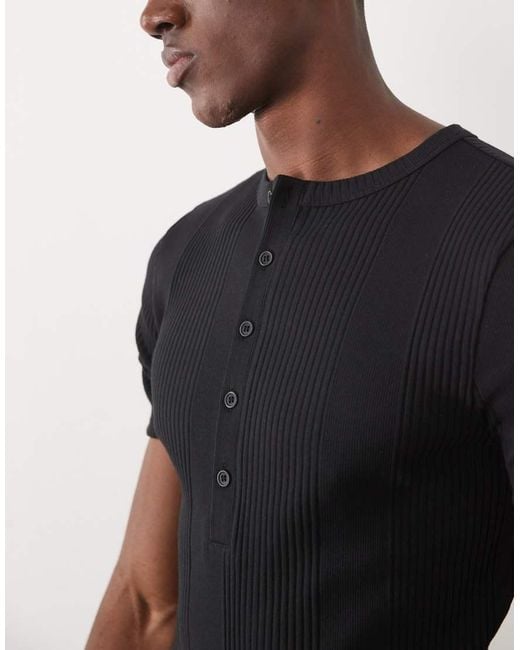 ASOS Black Muscle Fit T-shirt With Henley Neck for men