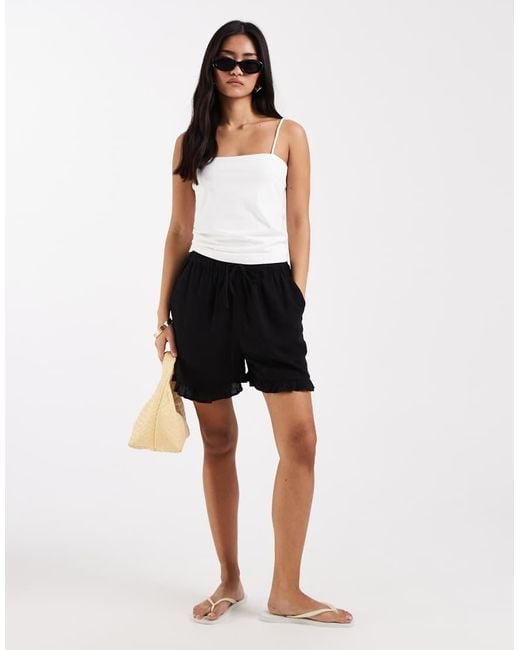New Look Black Ruffle Linen Blend Pull On Shorts