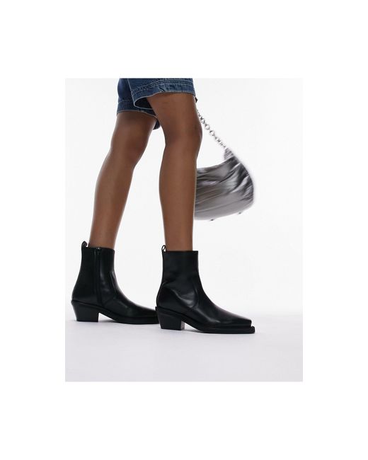 TOPSHOP Black Wide Fit Lara Leather Western Style Ankle Boot