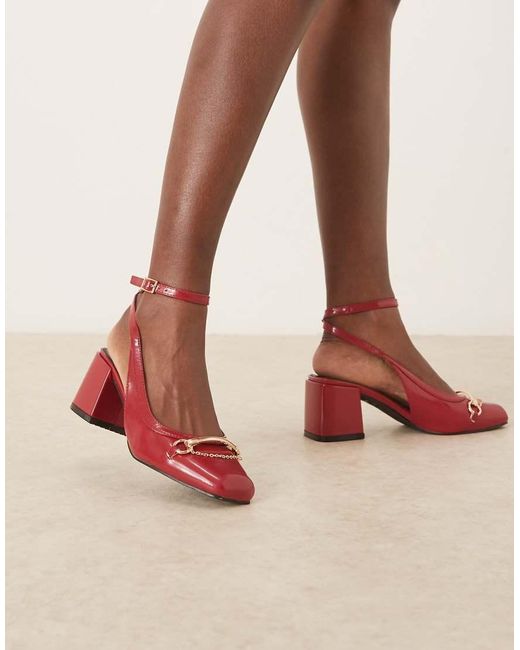 Raid Red Aiza Ballet Low Block Heel Shoes With Gold Buckle