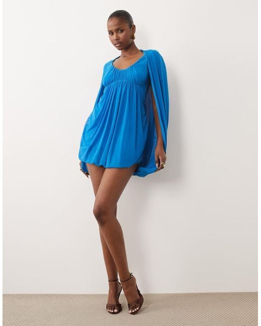 ASOS Blue Mesh Bubble Cape Detail Mini Dress