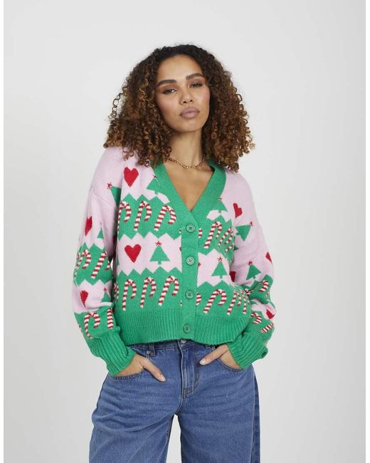 Brave Soul Green Jacquard Knit V-Neck Christmas Cardigan
