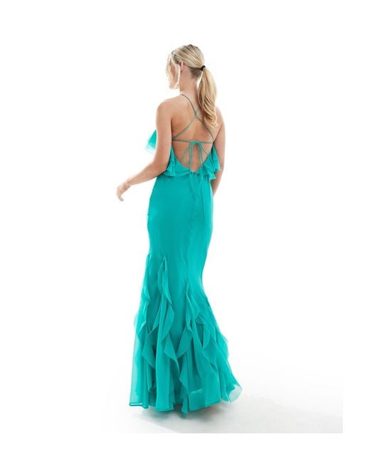 Asos design petite - robe longue dos nu coupée en biais à volants - turquoise ASOS en coloris Blue